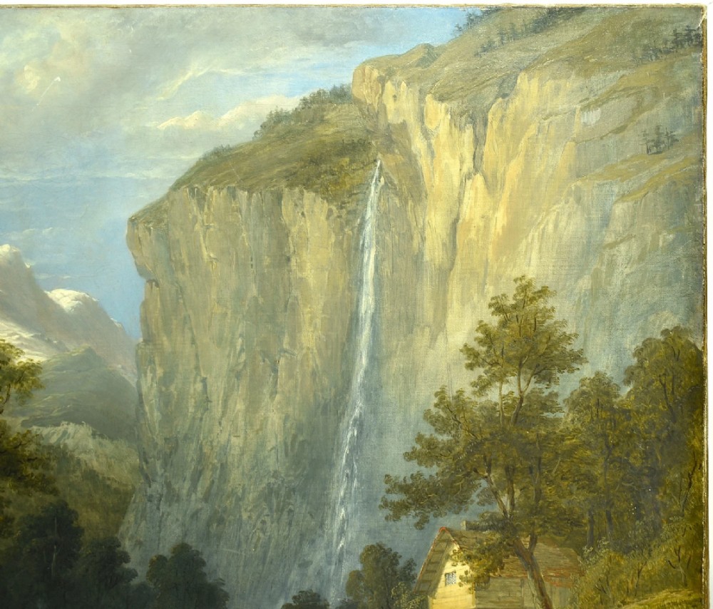 An antique oil painting depicting the dramatic Staubbach Falls in the Lauterbrunnen valley of Switzerland, featuring high alpine cliffs, cottages, and figures on a dirt road. View III