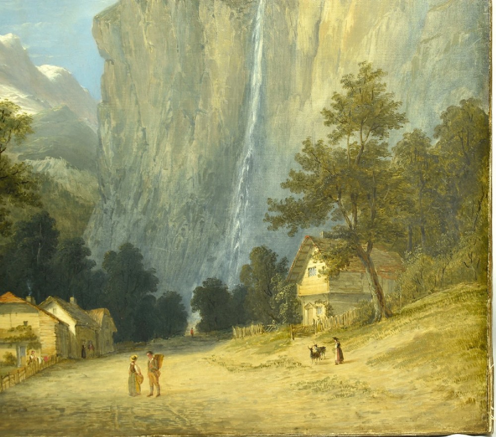An antique oil painting depicting the dramatic Staubbach Falls in the Lauterbrunnen valley of Switzerland, featuring high alpine cliffs, cottages, and figures on a dirt road. View IV