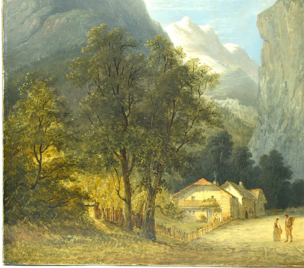 An antique oil painting depicting the dramatic Staubbach Falls in the Lauterbrunnen valley of Switzerland, featuring high alpine cliffs, cottages, and figures on a dirt road. View V