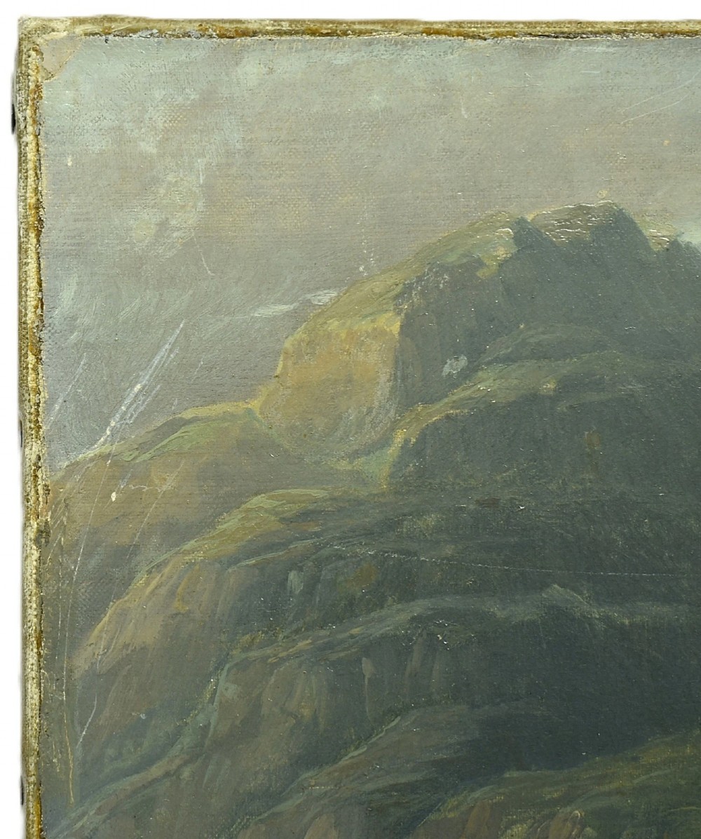 An antique oil painting depicting the dramatic Staubbach Falls in the Lauterbrunnen valley of Switzerland, featuring high alpine cliffs, cottages, and figures on a dirt road. View VII