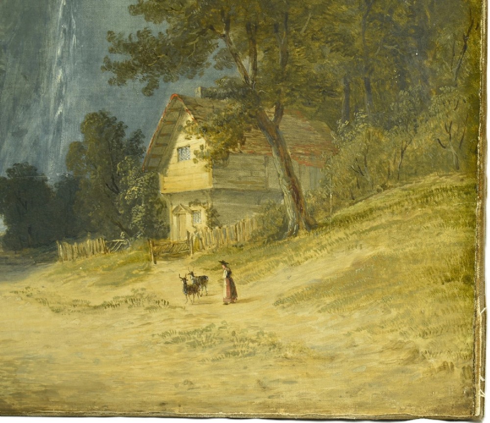 An antique oil painting depicting the dramatic Staubbach Falls in the Lauterbrunnen valley of Switzerland, featuring high alpine cliffs, cottages, and figures on a dirt road. View VIII