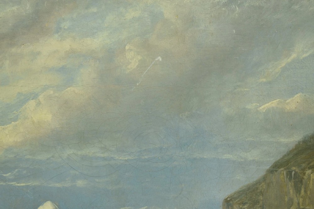 An antique oil painting depicting the dramatic Staubbach Falls in the Lauterbrunnen valley of Switzerland, featuring high alpine cliffs, cottages, and figures on a dirt road. View IX