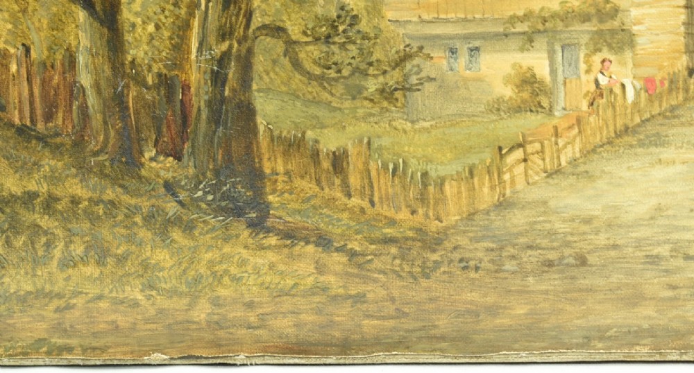 An antique oil painting depicting the dramatic Staubbach Falls in the Lauterbrunnen valley of Switzerland, featuring high alpine cliffs, cottages, and figures on a dirt road. View X