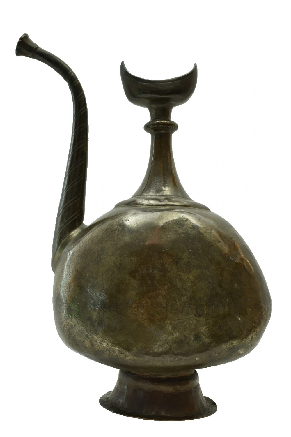 An antique dark bronze ewer featuring a bulbous body, a slender curved spout, a flared pedestal base, and a crescent moon finial.