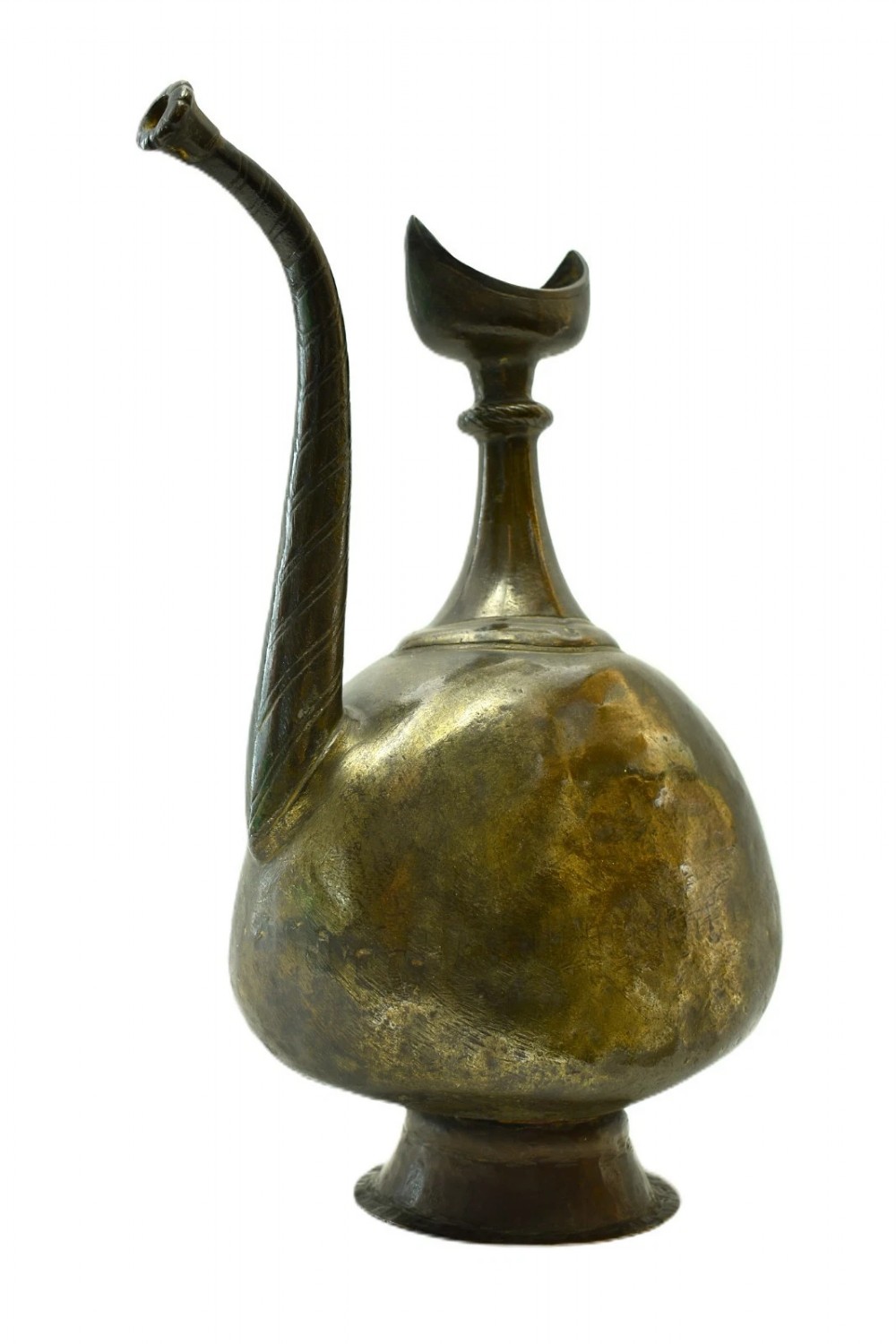An antique dark bronze ewer featuring a bulbous body, a slender curved spout, a flared pedestal base, and a crescent moon finial. View III