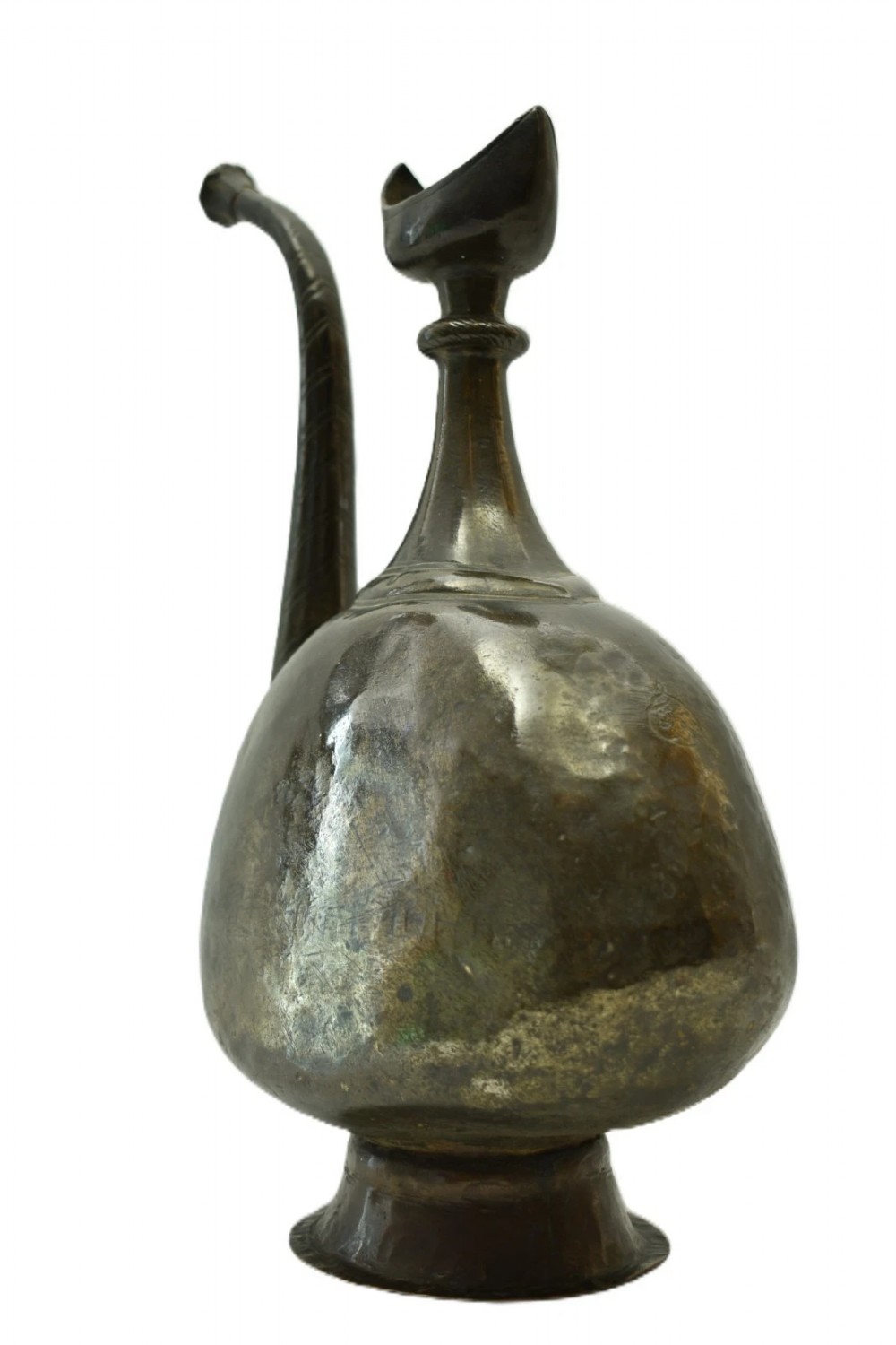 An antique dark bronze ewer featuring a bulbous body, a slender curved spout, a flared pedestal base, and a crescent moon finial. View IV
