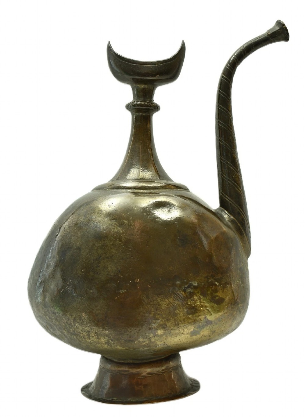 An antique dark bronze ewer featuring a bulbous body, a slender curved spout, a flared pedestal base, and a crescent moon finial. View VIII