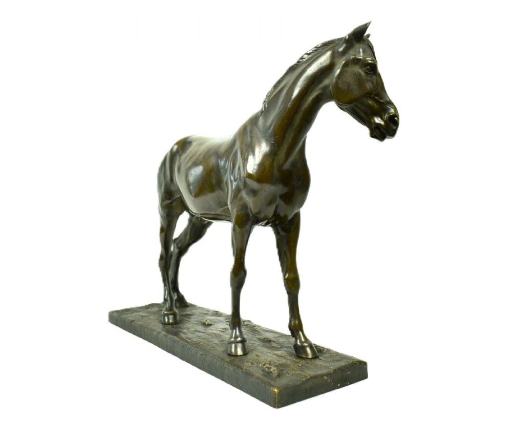 A dark brown patinated bronze sculpture of a standing horse positioned on an integral rectangular base. View II