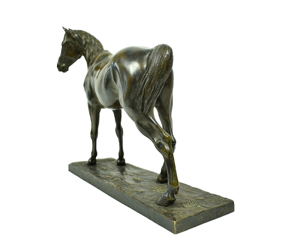 A dark brown patinated bronze sculpture of a standing horse positioned on an integral rectangular base. View V