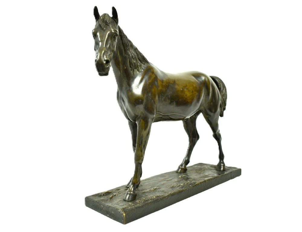 A dark brown patinated bronze sculpture of a standing horse positioned on an integral rectangular base. View XIII