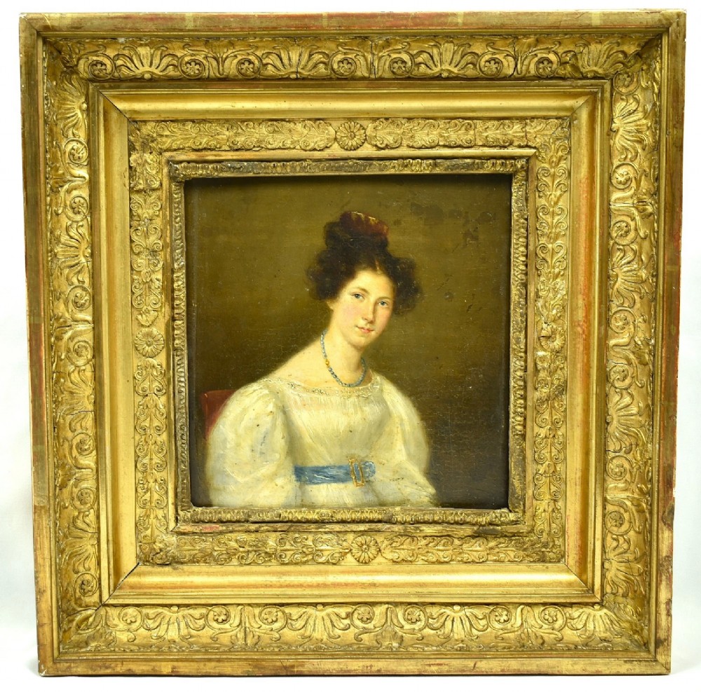 Antique Early 19th C Oil Portrait Woman in Empire Dress On Panel Circa 1800’s