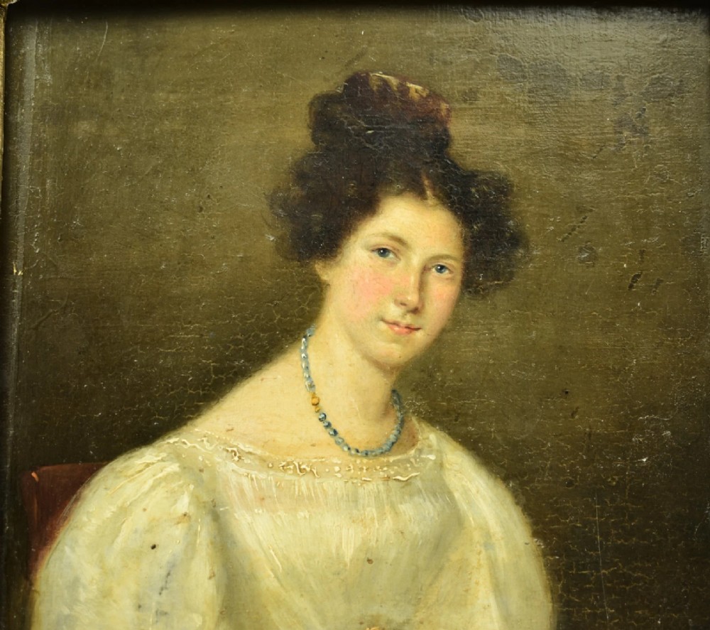 Antique Early 19th C Oil Portrait Woman in Empire Dress On Panel Circa 1800’s View II