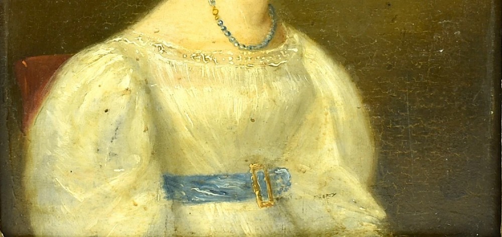 Antique Early 19th C Oil Portrait Woman in Empire Dress On Panel Circa 1800’s View IV