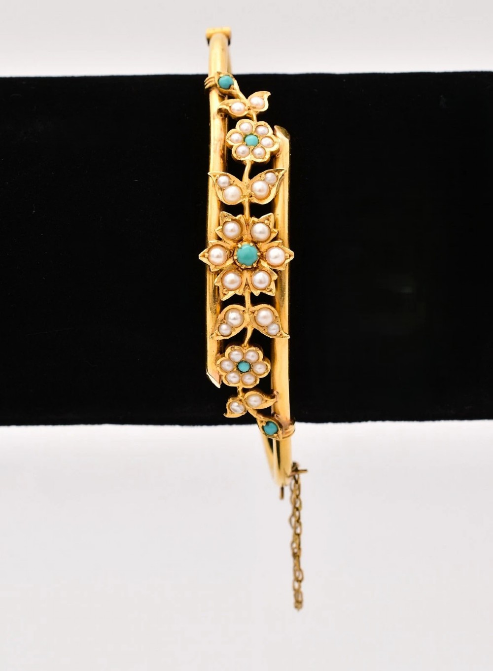 Antique 18ct Gold Turquoise Seed Pearl Floral Bangle Victorian Crossover 17.9g