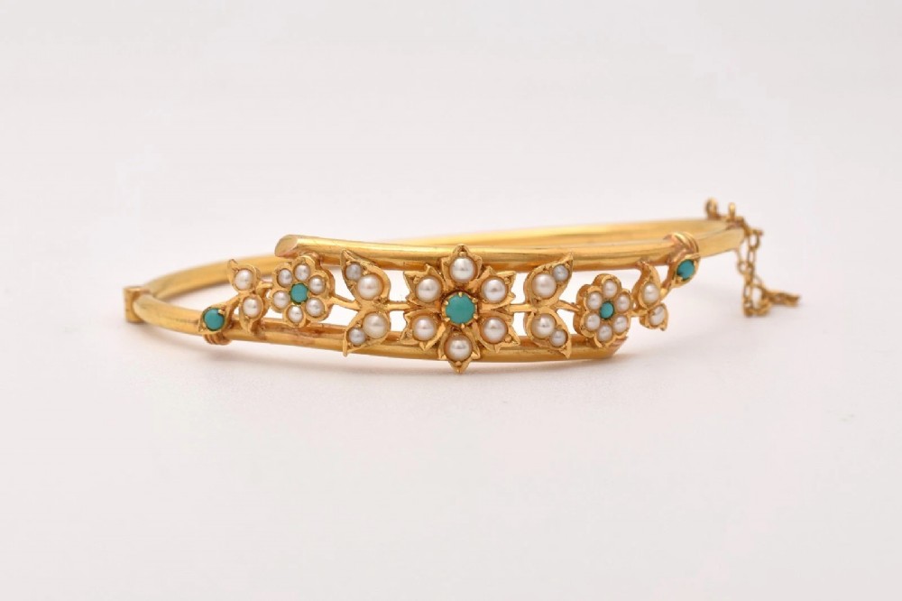 Antique 18ct Gold Turquoise Seed Pearl Floral Bangle Victorian Crossover 17.9g View II