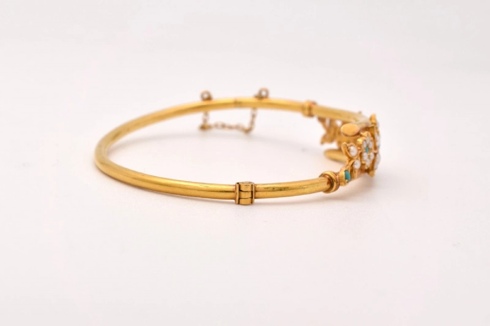 Antique 18ct Gold Turquoise Seed Pearl Floral Bangle Victorian Crossover 17.9g View III