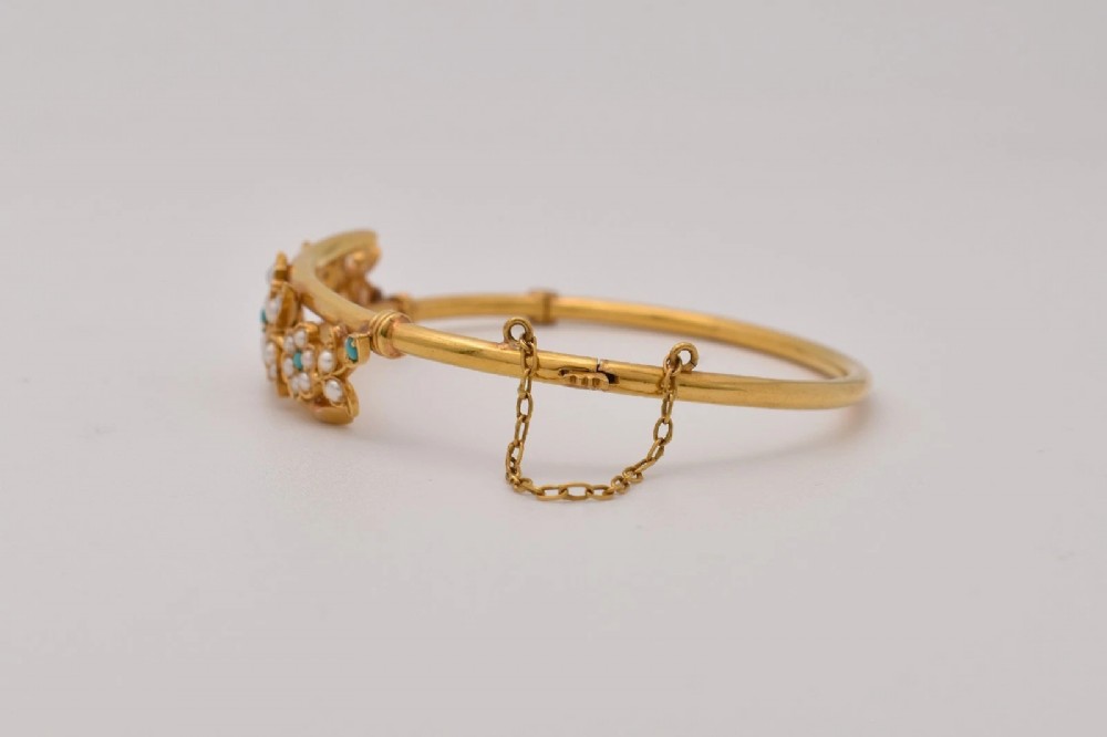 Antique 18ct Gold Turquoise Seed Pearl Floral Bangle Victorian Crossover 17.9g View IV