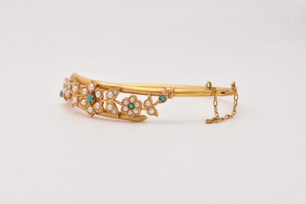 Antique 18ct Gold Turquoise Seed Pearl Floral Bangle Victorian Crossover 17.9g View V