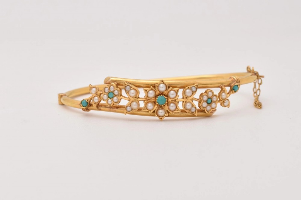 Antique 18ct Gold Turquoise Seed Pearl Floral Bangle Victorian Crossover 17.9g View VI