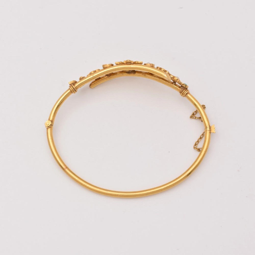 Antique 18ct Gold Turquoise Seed Pearl Floral Bangle Victorian Crossover 17.9g View VII