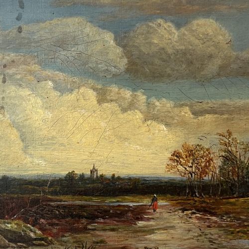 fig 1. A 19th-century oil painting featuring a figure walking along a dirt pathway towards a distant church spire under a sky filled with clouds, set within a wide gold frame.