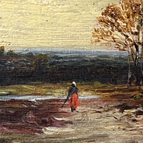 fig 2. A 19th-century oil painting featuring a figure walking along a dirt pathway towards a distant church spire under a sky filled with clouds, set within a wide gold frame.