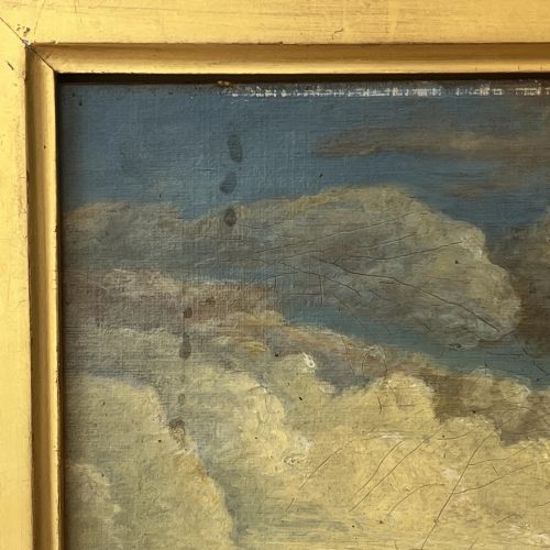fig 4. A 19th-century oil painting featuring a figure walking along a dirt pathway towards a distant church spire under a sky filled with clouds, set within a wide gold frame.