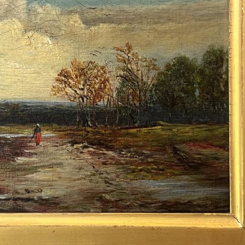 fig 7. A 19th-century oil painting featuring a figure walking along a dirt pathway towards a distant church spire under a sky filled with clouds, set within a wide gold frame.