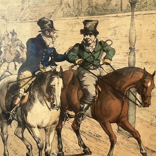 fig 1. A set of three framed nineteenth-century hand-coloured satirical equestrian engravings by Henry Alken presented in simple black frames.