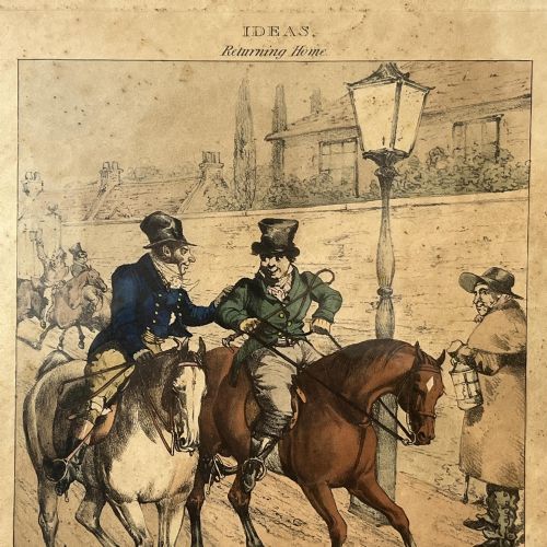 fig 2. A set of three framed nineteenth-century hand-coloured satirical equestrian engravings by Henry Alken presented in simple black frames.