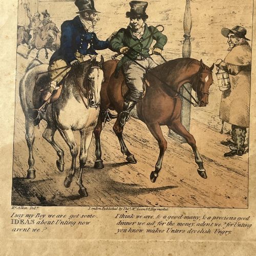fig 3. A set of three framed nineteenth-century hand-coloured satirical equestrian engravings by Henry Alken presented in simple black frames.