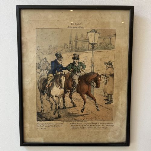 fig 5. A set of three framed nineteenth-century hand-coloured satirical equestrian engravings by Henry Alken presented in simple black frames.