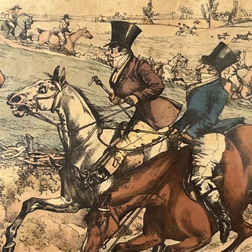 fig 6. A set of three framed nineteenth-century hand-coloured satirical equestrian engravings by Henry Alken presented in simple black frames.