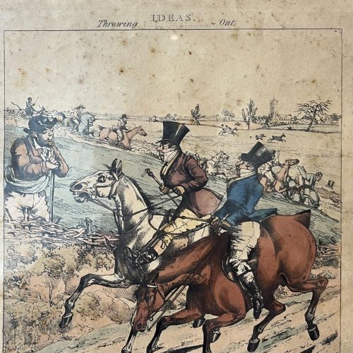 fig 7. A set of three framed nineteenth-century hand-coloured satirical equestrian engravings by Henry Alken presented in simple black frames.