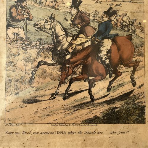 fig 8. A set of three framed nineteenth-century hand-coloured satirical equestrian engravings by Henry Alken presented in simple black frames.