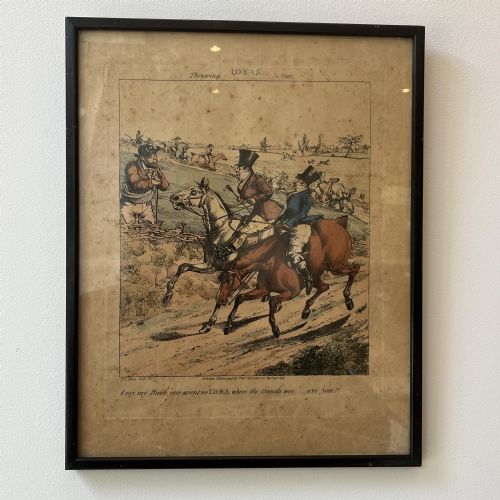 fig 9. A set of three framed nineteenth-century hand-coloured satirical equestrian engravings by Henry Alken presented in simple black frames.