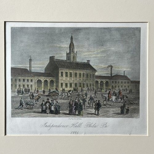 fig 1. A mounted 19th-century hand-coloured steel engraving depicting Independence Hall in Philadelphia with historical figures and horses in the foreground.