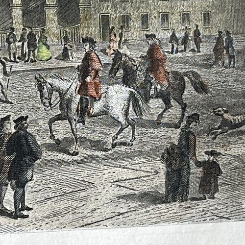 fig 2. A mounted 19th-century hand-coloured steel engraving depicting Independence Hall in Philadelphia with historical figures and horses in the foreground.