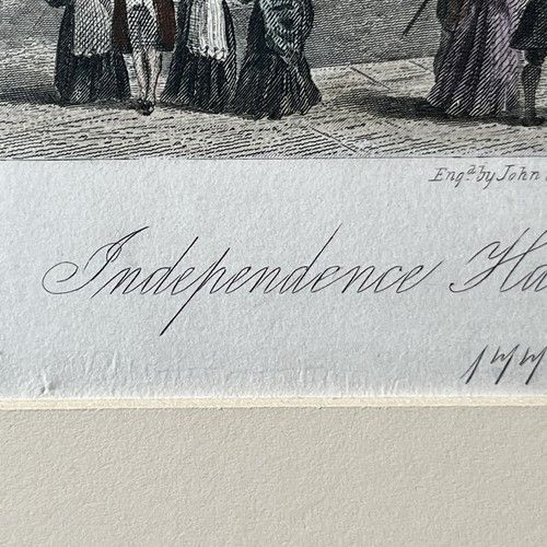 fig 4. A mounted 19th-century hand-coloured steel engraving depicting Independence Hall in Philadelphia with historical figures and horses in the foreground.