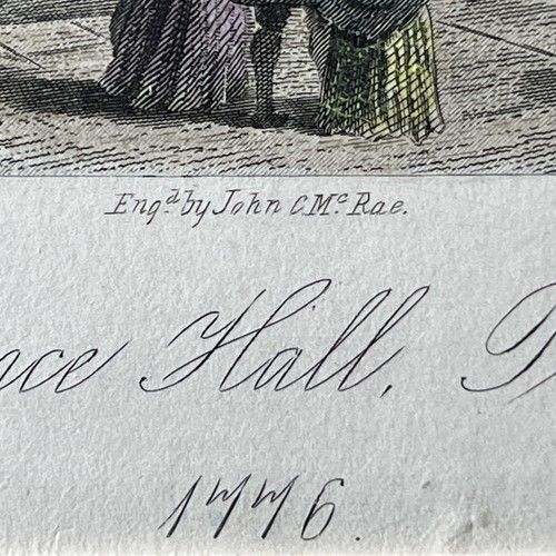 fig 5. A mounted 19th-century hand-coloured steel engraving depicting Independence Hall in Philadelphia with historical figures and horses in the foreground.