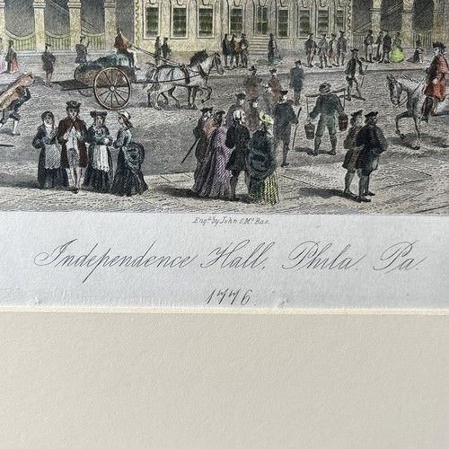 fig 6. A mounted 19th-century hand-coloured steel engraving depicting Independence Hall in Philadelphia with historical figures and horses in the foreground.