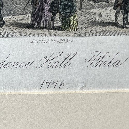 fig 7. A mounted 19th-century hand-coloured steel engraving depicting Independence Hall in Philadelphia with historical figures and horses in the foreground.