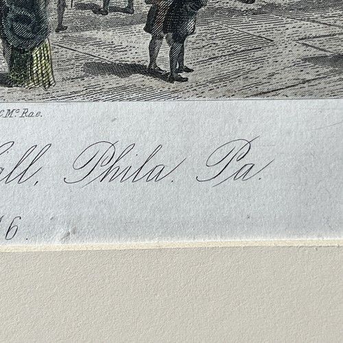 fig 8. A mounted 19th-century hand-coloured steel engraving depicting Independence Hall in Philadelphia with historical figures and horses in the foreground.