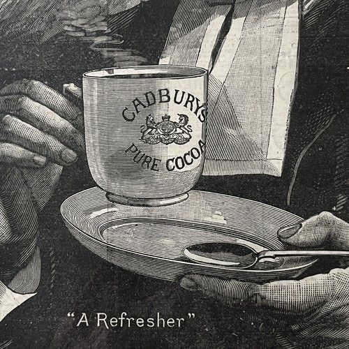 fig 1. A late 19th-century black and white woodcut engraving print advertisement for Cadburys Pure Cocoa featuring a lawyer wearing a wig holding a cup and saucer.