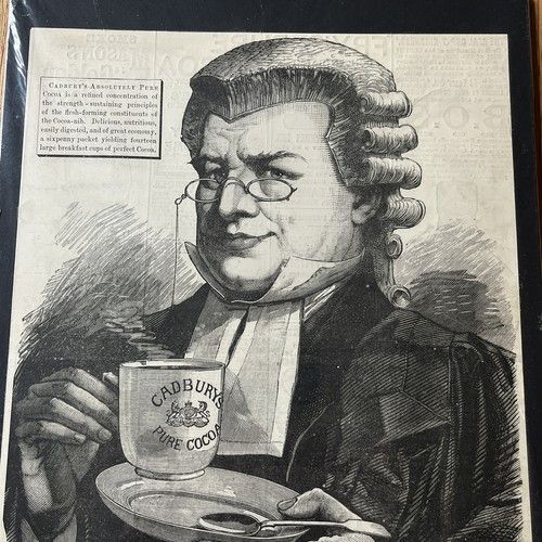 fig 2. A late 19th-century black and white woodcut engraving print advertisement for Cadburys Pure Cocoa featuring a lawyer wearing a wig holding a cup and saucer.