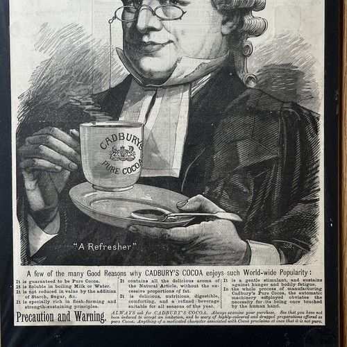 fig 3. A late 19th-century black and white woodcut engraving print advertisement for Cadburys Pure Cocoa featuring a lawyer wearing a wig holding a cup and saucer.