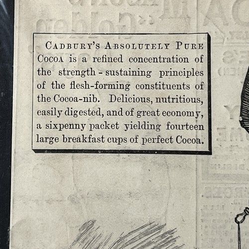 fig 6. A late 19th-century black and white woodcut engraving print advertisement for Cadburys Pure Cocoa featuring a lawyer wearing a wig holding a cup and saucer.