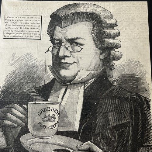 fig 7. A late 19th-century black and white woodcut engraving print advertisement for Cadburys Pure Cocoa featuring a lawyer wearing a wig holding a cup and saucer.