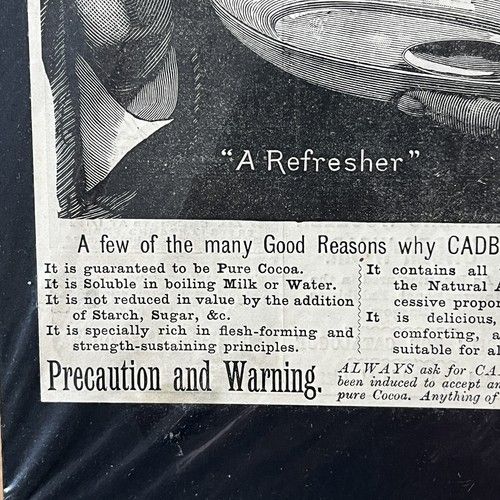 fig 8. A late 19th-century black and white woodcut engraving print advertisement for Cadburys Pure Cocoa featuring a lawyer wearing a wig holding a cup and saucer.