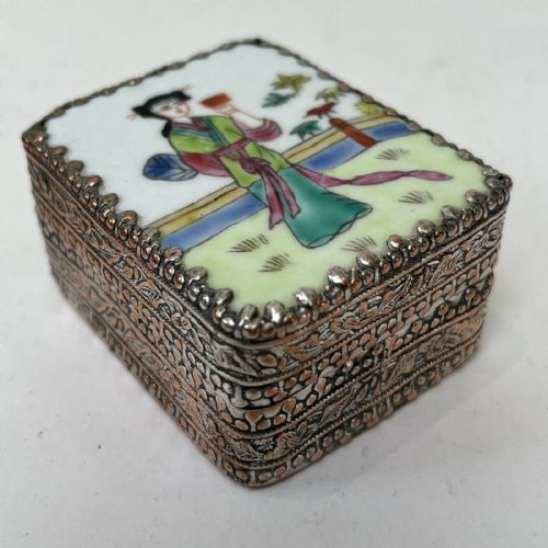 Japanese Silver-plated Metal Pill Box with Hand-painted Lid & Mirror